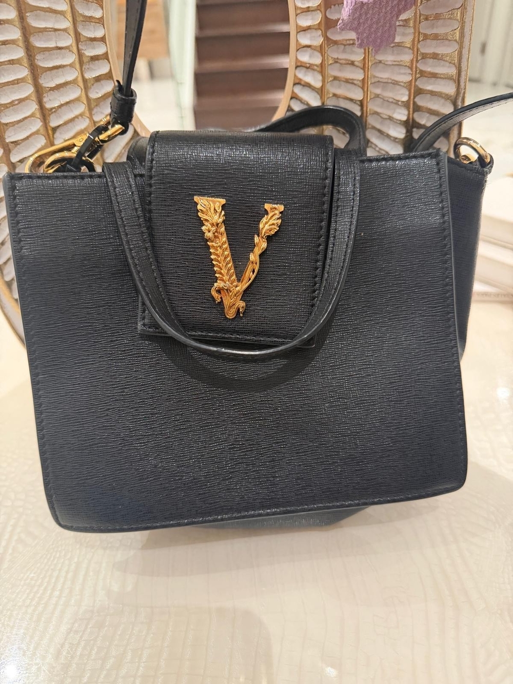 Black Leather Top-Handle Women's Bag with Gold Accent